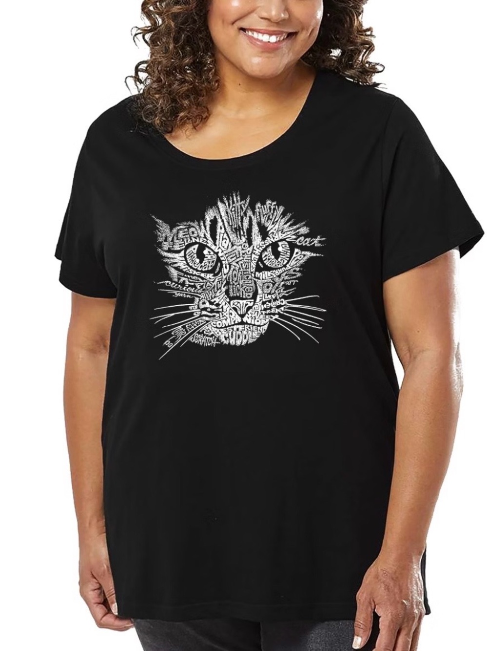 LA Pop Art Women's Word Art Crew Neck Tee - Cat Face - Plus Size 2 (18-20) - NEW